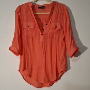 Love University Coral Pink Vibrant V-Neck Asymmetrical Blouse Size M